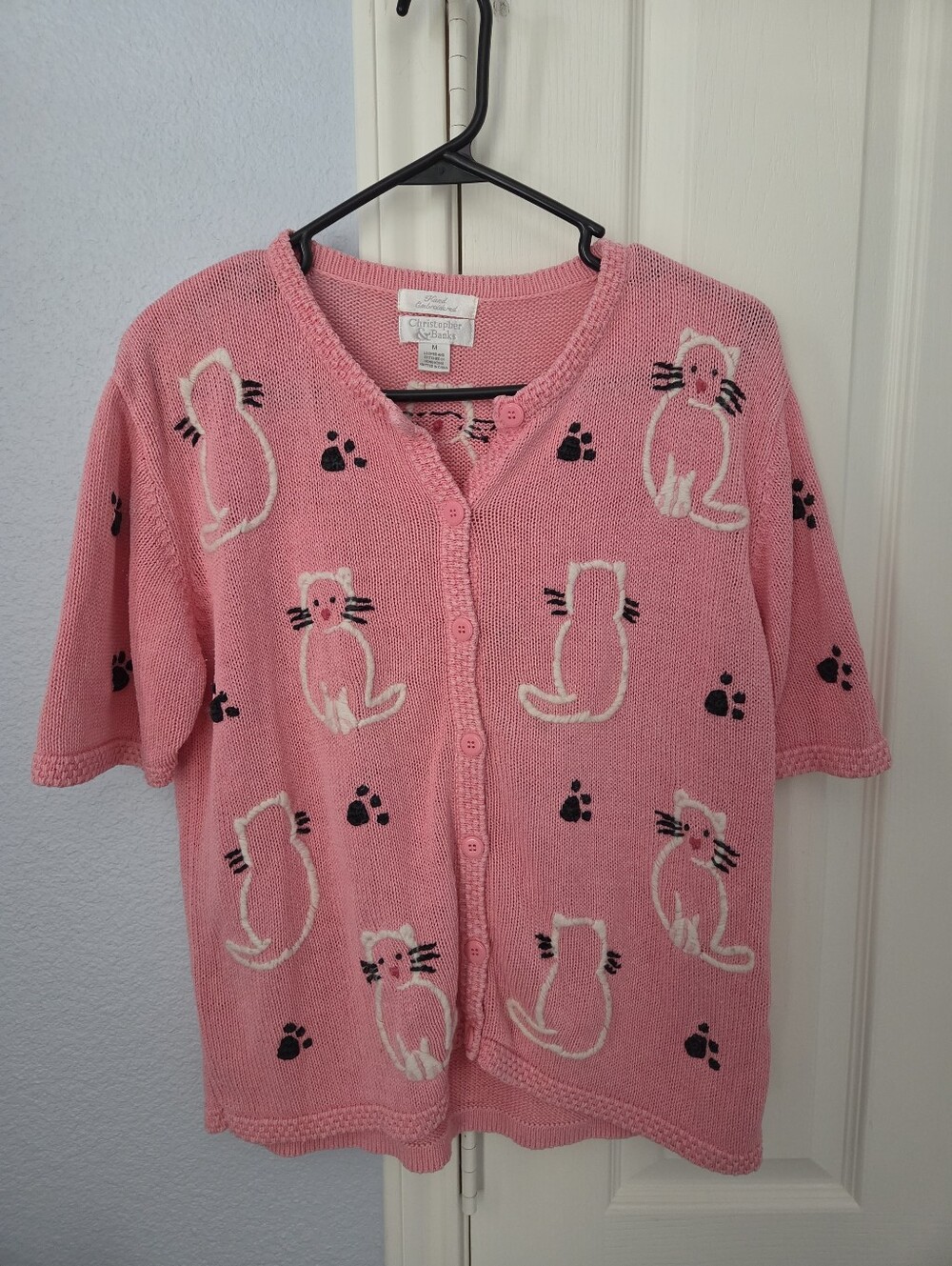 Christopher & Banks 2002 Pink Short Sleeved Cats Sweater Size Medium